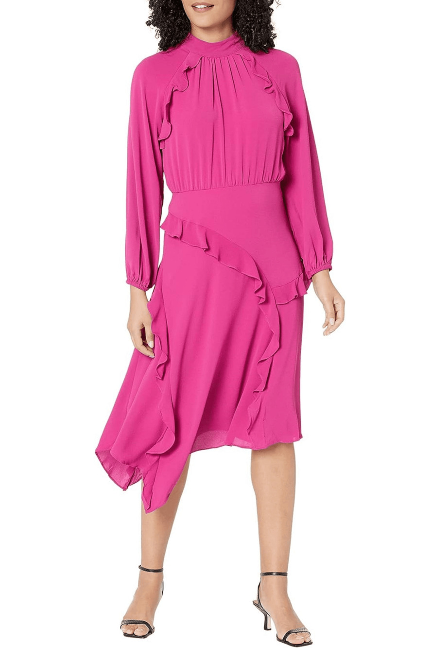Donna Morgan Dress High Neck Ruffle Cottagecore Garden Party Magenta Pink Size 0
